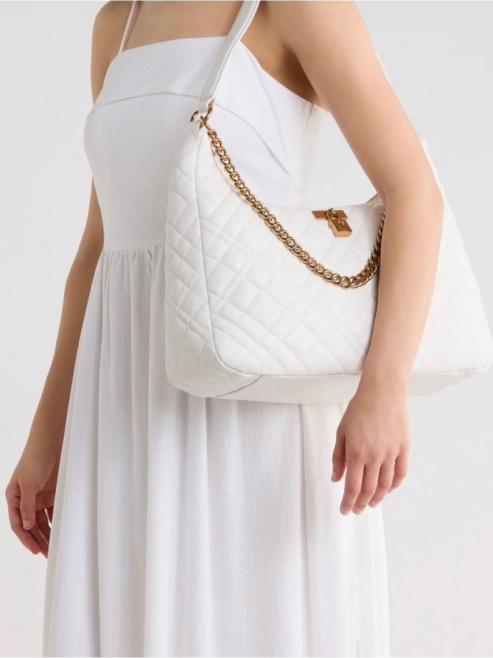 NWT $328 Kurt Geiger Large White Quilted Hobo Bag with Gold Chain Detail